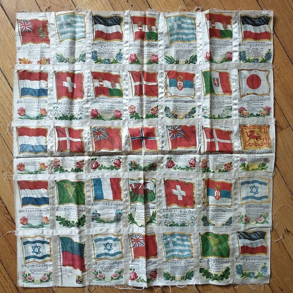 Lot of 35 Vtg Tobacco Silks Zira Cigarettes Country Flags Quilt Sewn Together
